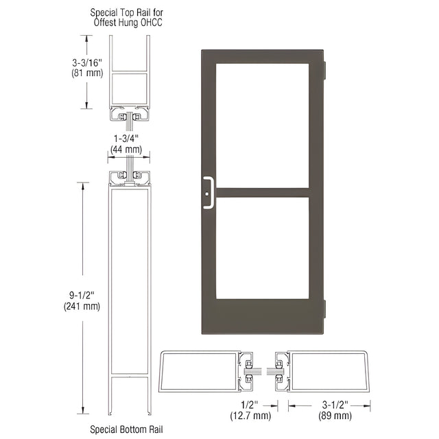 CRL-U.S. Aluminum Bronze Black Anodized Custom Single Series 400 Medium Stile Butt Hinged Entrance Door With Panic for Overhead Concealed Door Closer