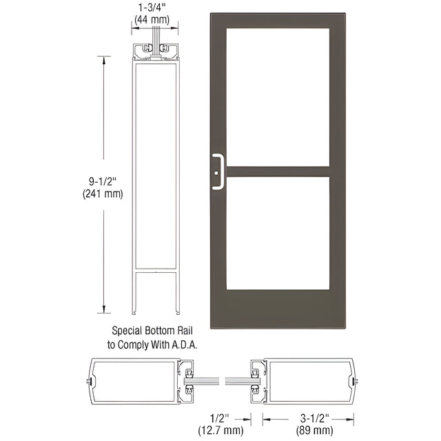 CRL-U.S. Aluminum Bronze Black Anodized Custom Single Series 400 Medium Stile Center Pivot Entrance Door With Panic for Overhead Concealed Door Closer