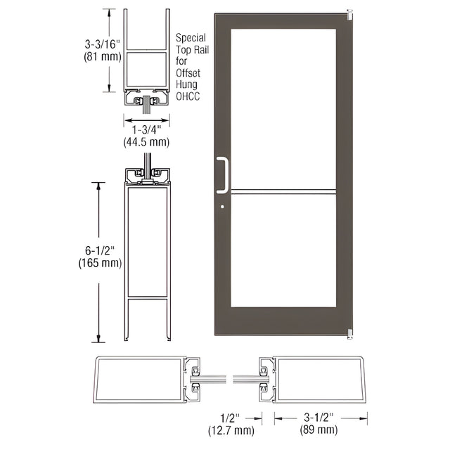 CRL-U.S. Aluminum Bronze Black Anodized Custom Single Series 400 Medium Stile Offset Pivot Entrance Door for Overhead Concealed Door Closer