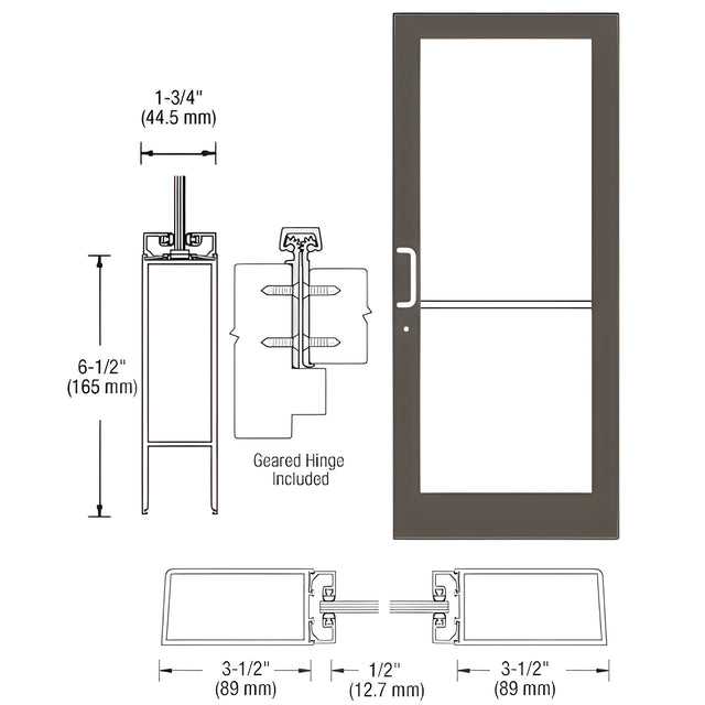 CRL-U.S. Aluminum Bronze Black Anodized Custom Single Series 400 Medium Stile Geared Hinge Entrance Door for Surface Mount Door Closer