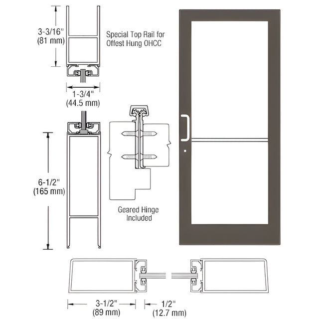 CRL-U.S. Aluminum Bronze Black Anodized Custom Single Series 400 Medium Stile Geared Hinge Entrance Door for Overhead Concealed Door Closer