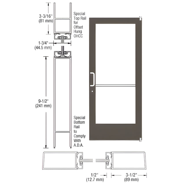CRL-U.S. Aluminum Bronze Black Anodized Custom Single Series 400 Medium Stile Offset Pivot Entrance Door for Overhead Concealed Door Closer