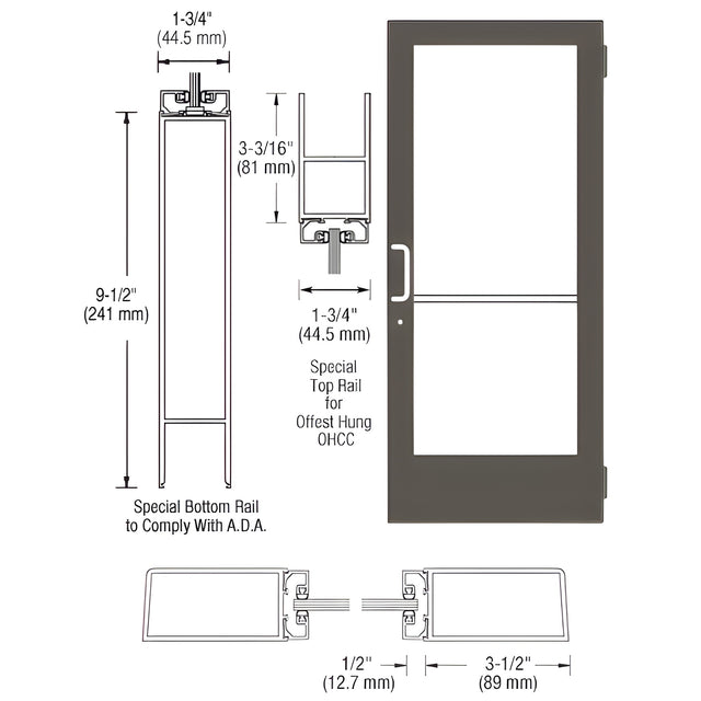 CRL-U.S. Aluminum Bronze Black Anodized Custom Single Series 400 Medium Stile Butt Hinged Entrance Door for Overhead Concealed Door Closer