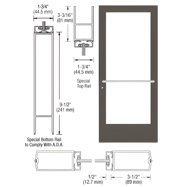 CRL-U.S. Aluminum Bronze Black Anodized Custom Single Series 400 Medium Stile Center Pivot Entrance Door for Overhead Concealed Door Closer