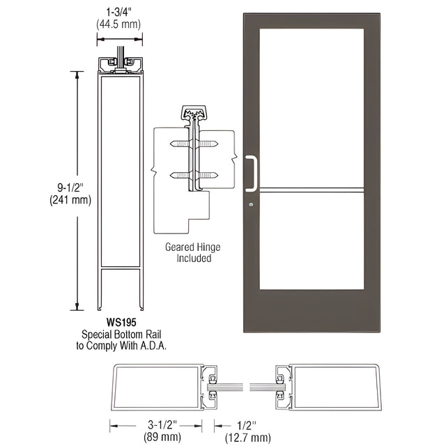 CRL-U.S. Aluminum Bronze Black Anodized Custom Single Series 400 Medium Stile Offset Hung Geared Hinge Entrance Door for Surface Mount Closer