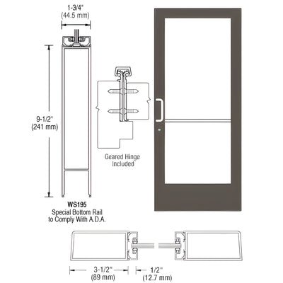 CRL-U.S. Aluminum Bronze Black Anodized Custom Single Series 400 Medium Stile Offset Hung Geared Hinge Entrance Door for Surface Mount Closer