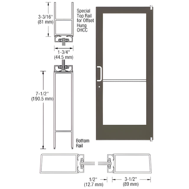 CRL-U.S. Aluminum Bronze Black Anodized Custom Single Series 400 Medium Stile Offset Pivot Entrance Door for Overhead Concealed Door Closer