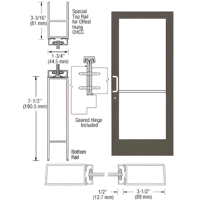 CRL-U.S. Aluminum Bronze Black Anodized Custom Single Series 400 Medium Stile Geared Hinge Entrance Door for Overhead Concealed Door Closer