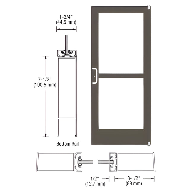 CRL-U.S. Aluminum Bronze Black Anodized Custom Single Series 400 Medium Stile Offset Pivot Entrance Door With Panic for Surface Mount Door Closer