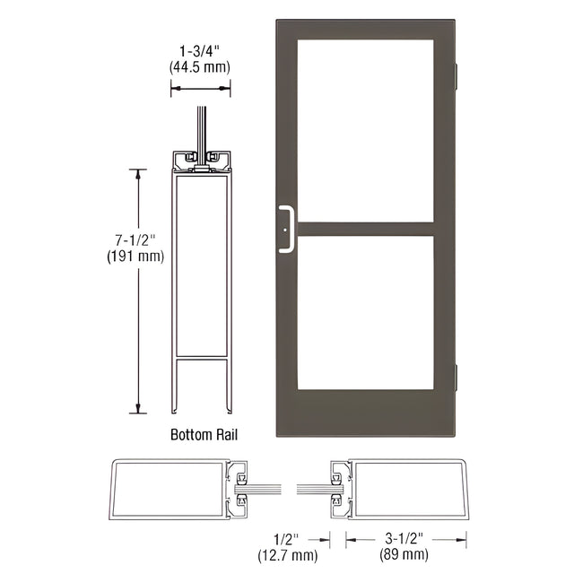 CRL-U.S. Aluminum Bronze Black Anodized Custom Single Series 400 Medium Stile Butt Hinged Entrance Door With Panic for Surface Mount Door Closer