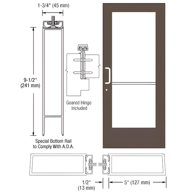 CRL-U.S. Aluminum Bronze Black Anodized Custom Single Series 550 Wide Stile Geared Hinge Entrance Door for Surface Mount Door Closer