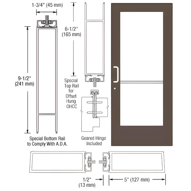 CRL-U.S. Aluminum Bronze Black Anodized Custom Single Series 550 Wide Stile Geared Hinge Entrance Door for Overhead Concealed Door Closer