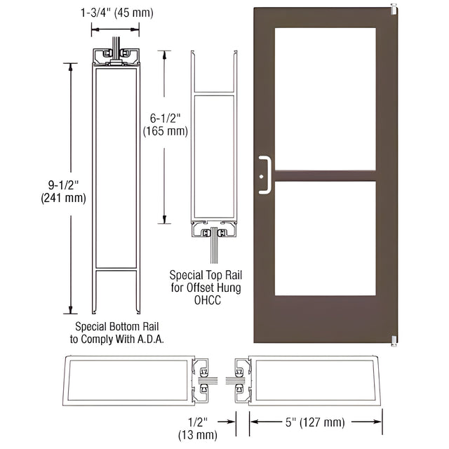 CRL-U.S. Aluminum Bronze Black Anodized Custom Single Series 550 Wide Stile Offset Pivot Entrance Door With Panic for Overhead Concealed Door Closer