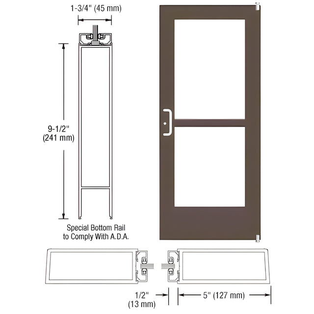 CRL-U.S. Aluminum Bronze Black Anodized Custom Single Series 550 Wide Stile Offset Pivot Entrance Door With Panic for Surface Mount Door Closer