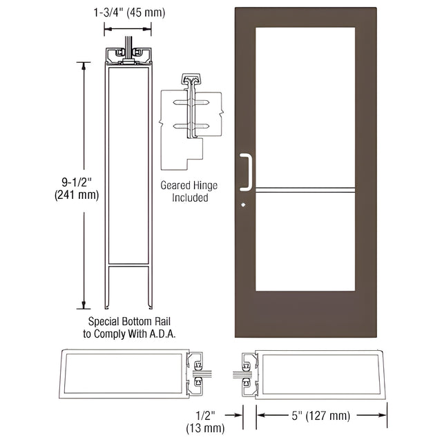 CRL-U.S. Aluminum Bronze Black Anodized Custom Single Series 550 Wide Stile Geared Hinge Entrance Door for Surface Mount Door Closer