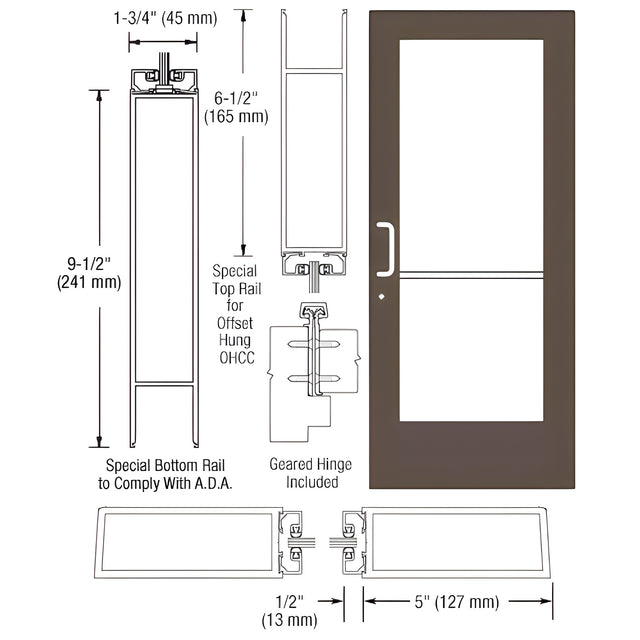 CRL-U.S. Aluminum Bronze Black Anodized Custom Single Series 550 Wide Stile Geared Hinge Entrance Door for Overhead Concealed Door Closers