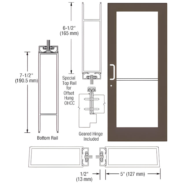 CRL-U.S. Aluminum Bronze Black Anodized Custom Single Series 550 Wide Stile Geared Hinge Entrance Door for Overhead Concealed Door Closer