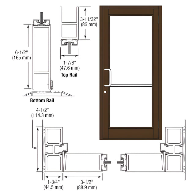CRL-U.S. Aluminum Bronze Black Anodized Custom Single Series 800 Durafront Medium Stile Butt Hinge Entrance Door for Surface Mount Door Closer