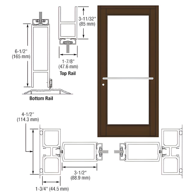 CRL-U.S. Aluminum Bronze Black Anodized Custom Single Series 800 Durafront Medium Stile Center Pivot Entrance Door for Overhead Concealed Door Closer