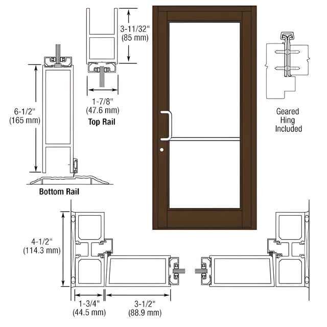 CRL-U.S. Aluminum Bronze Black Anodized Custom Single Series 800 Durafront Medium Stile Geared Hinge Entrance Door for Surface Mount Door Closer