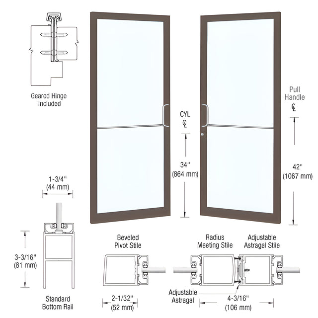 CRL-U.S. Aluminum Bronze Black Anodized Custom Size Pair Series 250 Narrow Stile Gear Hinge Showroom Doors for Surface Mount Door Closers
