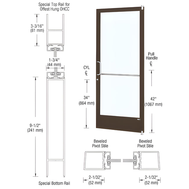 CRL-U.S. Aluminum Bronze Black Anodized Custom Size Single Series 250 Narrow Stile Offset Pivot Entrance Door for Overhead Concealed Door Closer