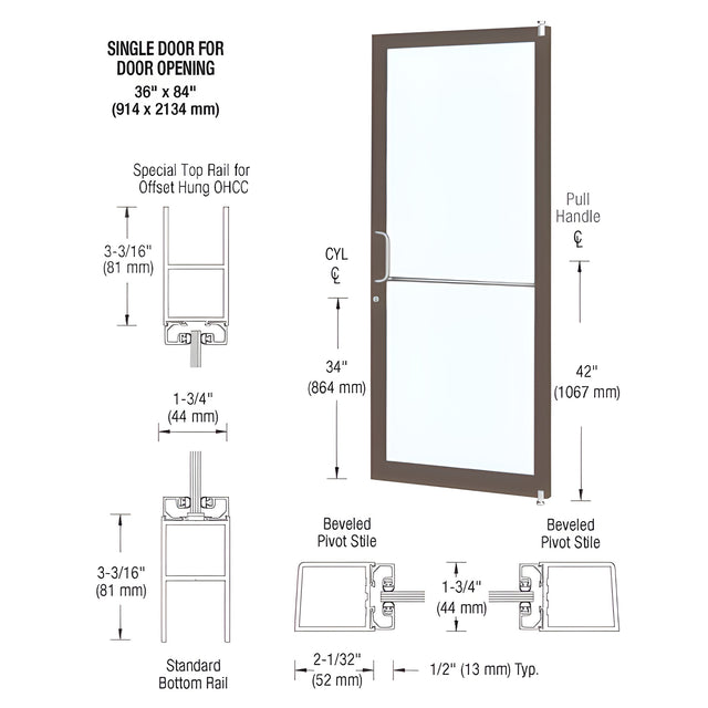 CRL-U.S. Aluminum Bronze Black Anodized Custom Size Single Series 250 Narrow Stile Offset Pivot Entrance Door for Overhead Concealed Door Closer