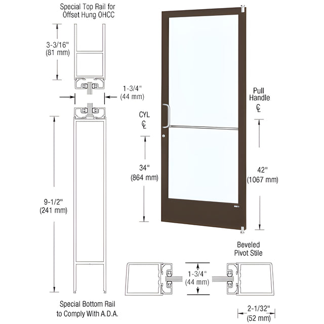 CRL-U.S. Aluminum Bronze Black Anodized Custom Size Single Series 250 Narrow Stile Offset Pivot Entrance Door for Overhead Concealed Door Closer