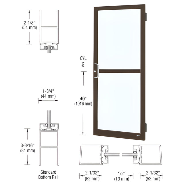 CRL-U.S. Aluminum Bronze Black Anodized Custom Size Single Series 250 Narrow Stile Butt Hinge Entrance Door With Panic for Surface Mount Door Closer