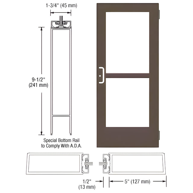 CRL-U.S. Aluminum Bronze Black Anodized Custom Size Single Series 550 Wide Stile Butt Hinge Entrance Door With Panic for Surface Mount Door Closer