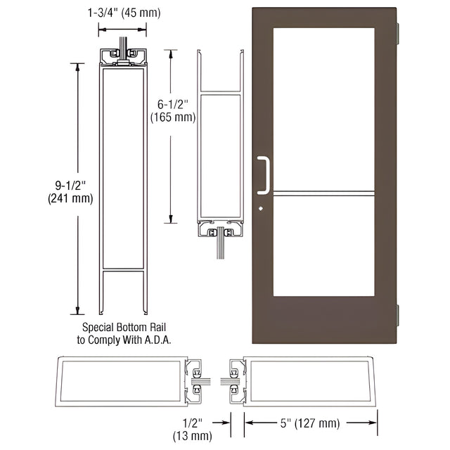CRL-U.S. Aluminum Bronze Black Anodized Custom Size Single Series 550 Wide Stile Butt Hinge Entrance Door for Overhead Concealed Door Closer