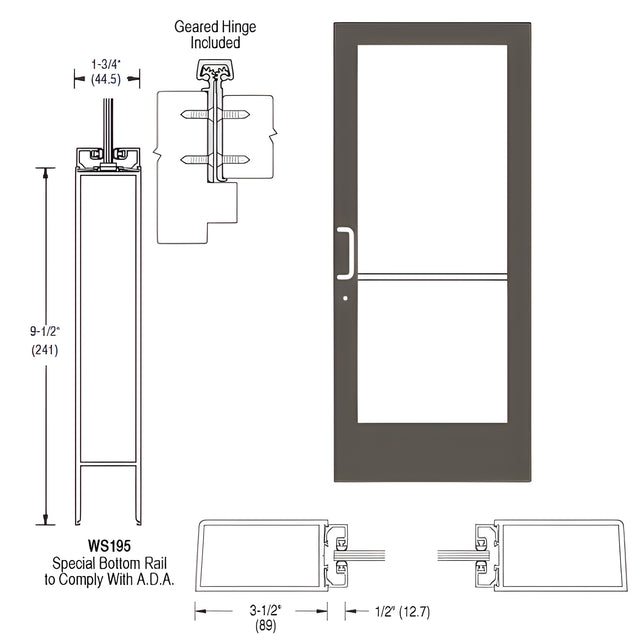 CRL-U.S. Aluminum Bronze Black Anodized Single 36" x 84" 400 Medium Left Side Latch Side Left With Geared Hinge Entrance Door Prepped for Concealed Overhead 105º Closer - A.D.A. Access Bottom Rail