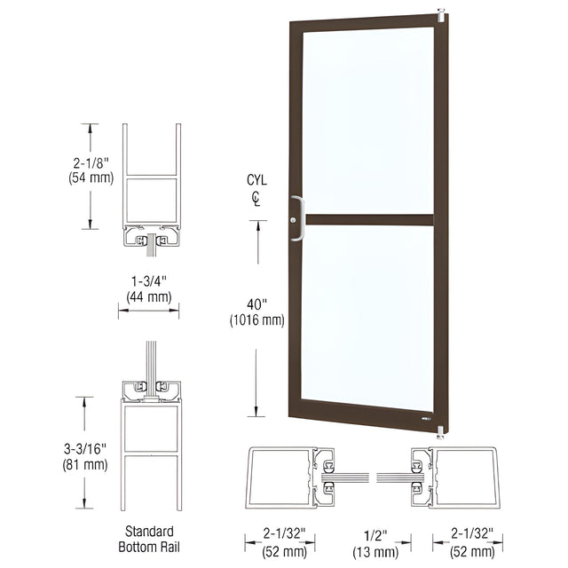 CRL-U.S. Aluminum Bronze Black Anodized Single 36"x 84" Series 250 Narrow Stile Left Side Latch Offset Pivot Entrance Door with Rim Device for Surface Mount Door Closer