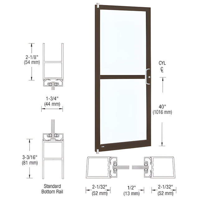 CRL-U.S. Aluminum Bronze Black Anodized Single 36"x 84" Series 250 Narrow Stile Right Side Latch Offset Pivot Entrance Door With Rim Device for Surface Mount Door Closer