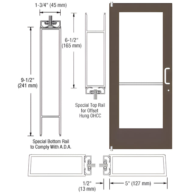 CRL-U.S. Aluminum Bronze Black Anodized Single 36" x 84" Series 550 Wide Stile Right Side Latch Offset Pivot Entrance Door for 105º Overhead Concealed Door Closer