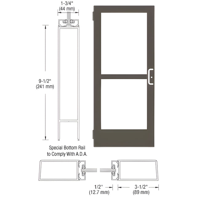 CRL-U.S. Aluminum Bronze Black Anodized Single 36" x 84" Series 400 Medium Stile Right Side Latch Butt Hinged Entrance Door With Rim Device for Surface Mount Door Closer