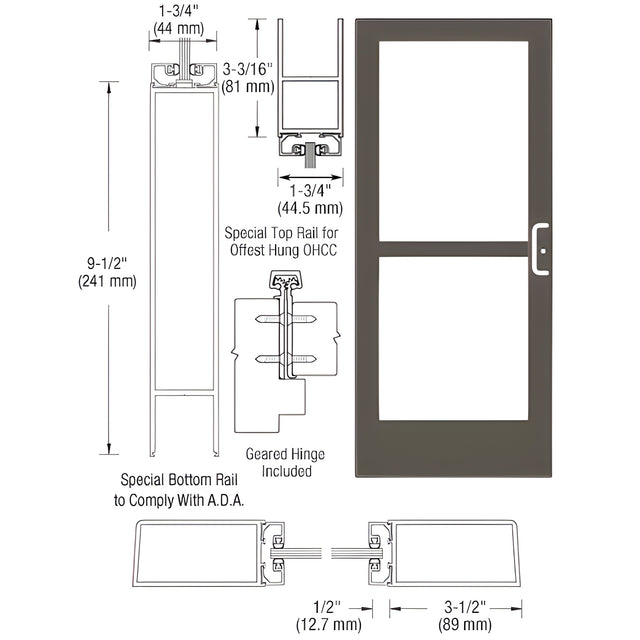 CRL-U.S. Aluminum Bronze Black Anodized Single 36" x 84" Series 400 Medium Stile Right Side Latch Geared Hinge Entrance Door With Panic for 105 Degree Overhead Concealed Door Closer