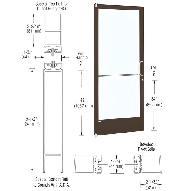 CRL-U.S. Aluminum Bronze Black Anodized Single 36" x 84" Series 250 Narrow Stile Right Side Latch Offset Pivot Entrance Door for 90 Degree Overhead Concealed Door Closer