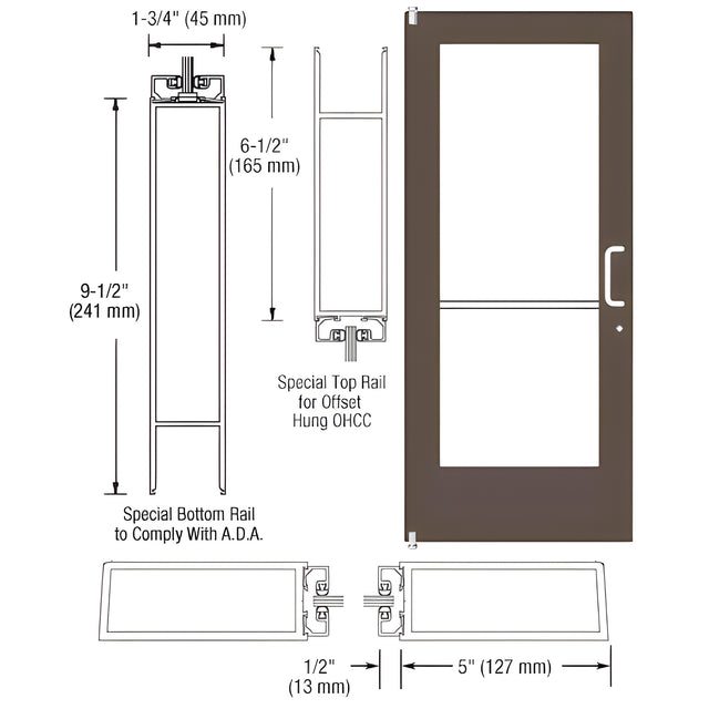 CRL-U.S. Aluminum Bronze Black Anodized Single 36" x 84" Series 550 Wide Stile Right Side Latch Offset Pivot Entrance Door for 90 Degree Overhead Concealed Door Closer