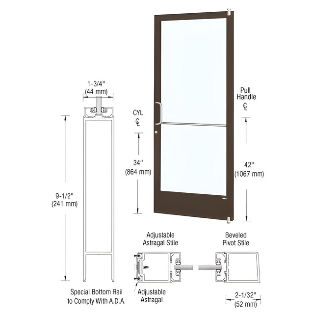 CRL-U.S. Aluminum Bronze Black Anodized Single 36" x 84" Series 250 Narrow Stile Left Side Latch Offset Pivot Active Leaf of Pair for Surface Mount Door Closer