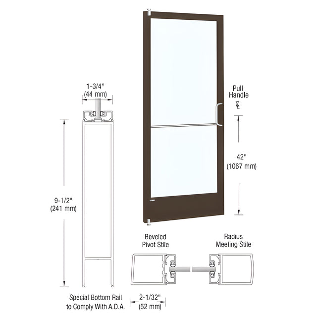 CRL-U.S. Aluminum Bronze Black Anodized Single 36" x 84" Series 250 Narrow Stile Right Side Latch Offset Pivot Inactive Leaf of Pair for Surface Mount Door Closer