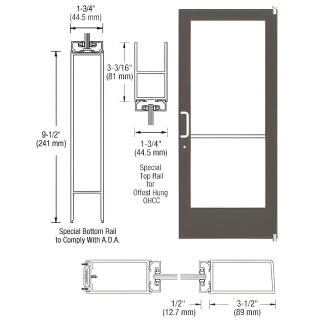 CRL-U.S. Aluminum Bronze Black Anodized Single Active Leaf of Pair 36" x 84" Series 400 Medium Stile Offset Pivot Entrance Door For Overhead Concealed Door Closer