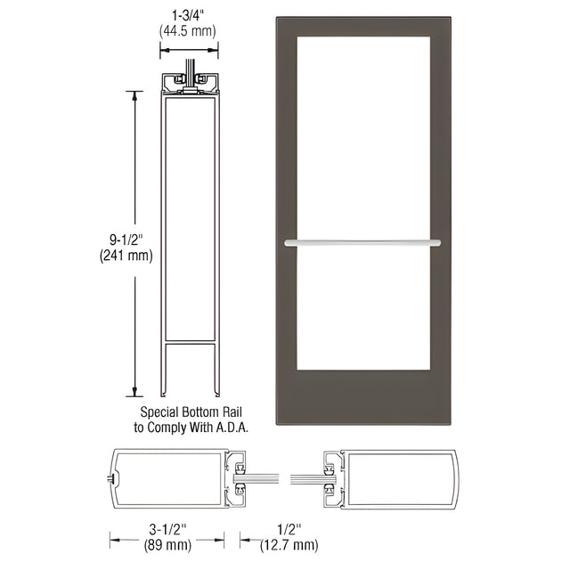 CRL-U.S. Aluminum Bronze Black Anodized Single Active Leaf of Pair 36" x 84" Series 400 Medium Stile Left Side Latch Center Pivot Entrance Door for Overhead Concealed Door Closer