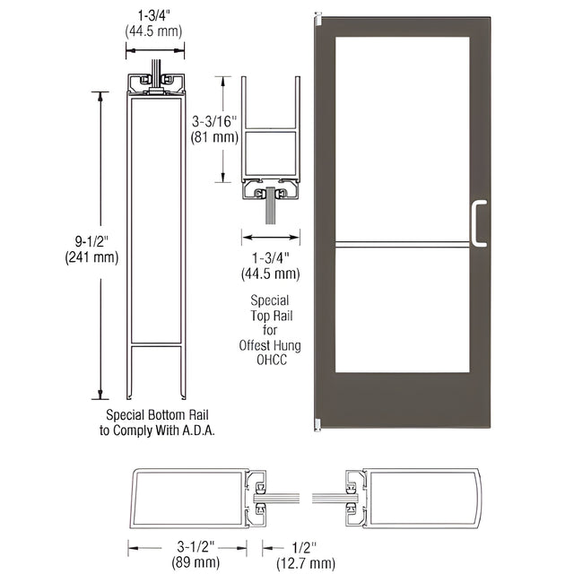CRL-U.S. Aluminum Bronze Black Anodized Single Inactive Leaf of Pair 36" x 84" Series 400 Medium Stile Offset Pivot Entrance Door For Overhead Concealed Door Closer