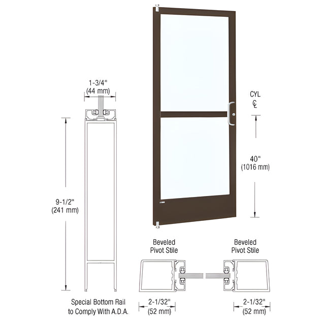CRL-U.S. Aluminum Bronze Black Anodized Standard Single 36" x 84" Series 250 Narrow Stile Right Side Latch Offset Pivot Entrance Door With Rim Device for Surface Mount Door Closer