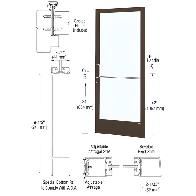 CRL-U.S. Aluminum Bronze Black Anodized Standard Single 36" x 84" Series 250 Narrow Stile Geared Hinge Left Side Latch Active Leaf of Pair for Surface Mount Door Closers