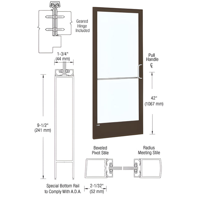 CRL-U.S. Aluminum Bronze Black Anodized Standard Single 36" x 84" Series 250 Narrow Stile Geared Hinge Right Side Latch Inactive Leaf of Pair for Surface Mount Door Closers