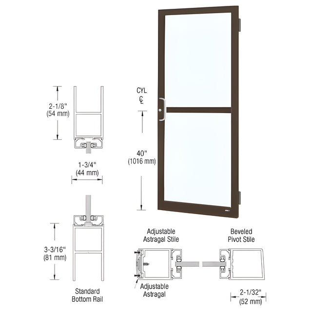 CRL-U.S. Aluminum Class I Bronze Black Anodized 250 Series Narrow Stile Active Leaf of Pair 3'0 x 7'0 Offset Hung with Butt Hinges for Surf Mount Closer Complete Panic Door with Std. Panic and Bottom Rail