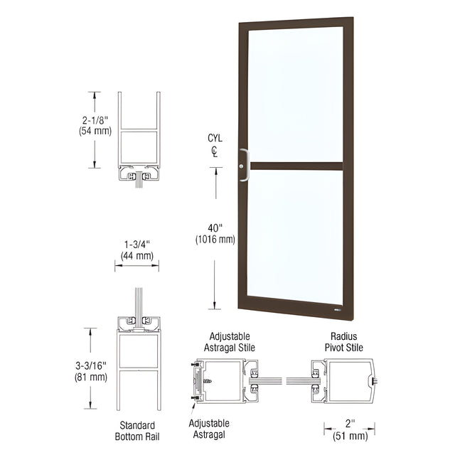 CRL-U.S. Aluminum Class I Bronze Black Anodized 250 Series Narrow Stile Active Leaf of Pair 3'0 x 7'0 Center Hung for OHCC w/Standard Push Bars Complete Panic Door with Std. Panic and Bottom Rail