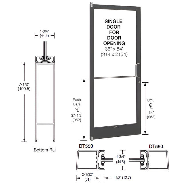 CRL-U.S. Aluminum Class I Bronze Black Anodized 250 Series Narrow Stile (LHR) HLSO Single 3'0 x 7'0 Offset Hung with Pivots for Surf Mount Closer Complete Door/Std. MS Lock, 7-1/2" Standard Bottom Rail